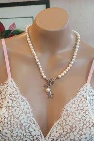 Front Closure White Pearl Necklace With Sea Star And Shell Charm
